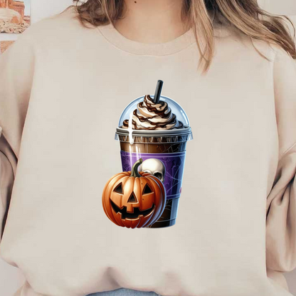 Un frappuccino festivo con temática de Halloween cubierto con crema batida, junto a una calabaza tallada, ¡perfecto para celebrar la temporada espeluznante!