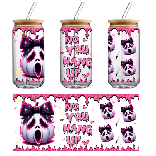 A whimsical, pink and black graphic featuring a ghostly pumpkin with a bow and playful text, perfect for Halloween vibes.UV Transfers dtf prints