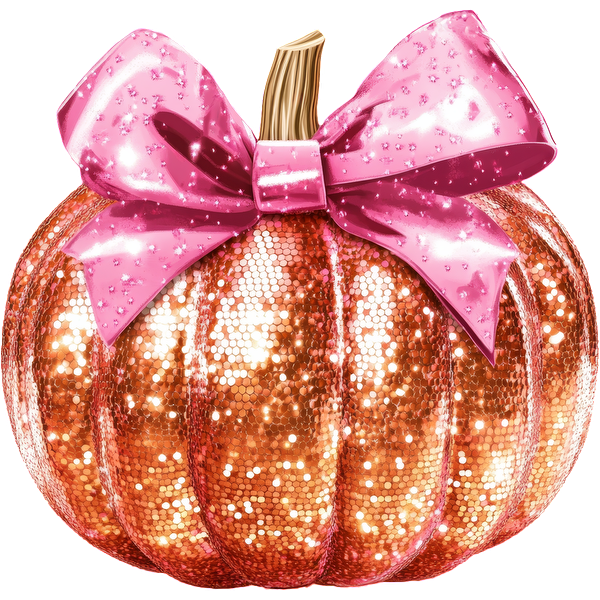 Una calabaza glamorosa y brillante adornada con un lazo rosa vibrante, perfecta para agregar un toque festivo a cualquier decoración.