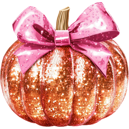 Una calabaza glamorosa y brillante adornada con un lazo rosa vibrante, perfecta para agregar un toque festivo a cualquier decoración.