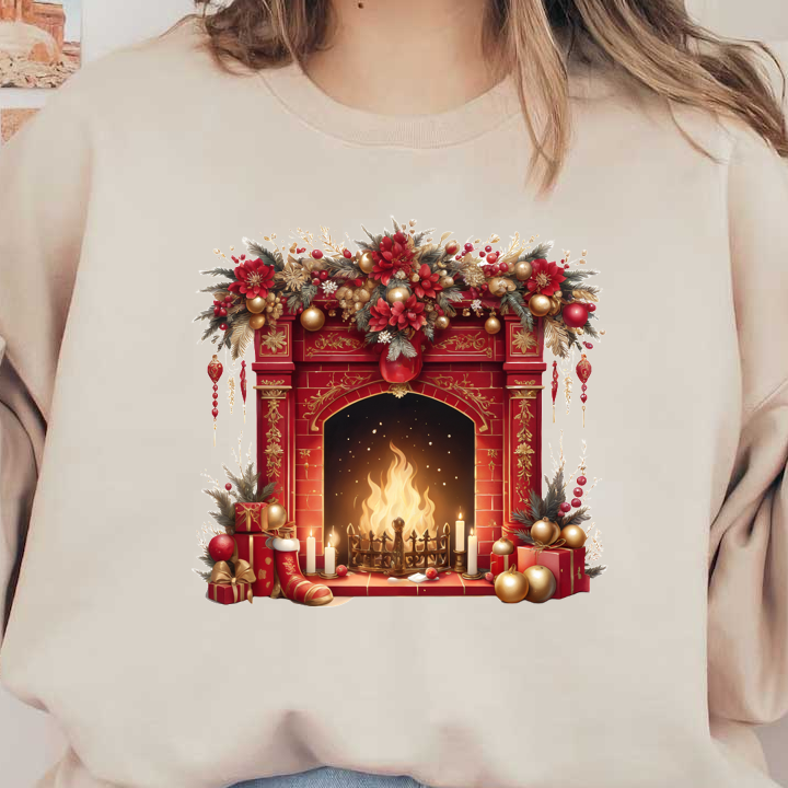 Una chimenea de ladrillo rojo bellamente decorada, adornada con flores festivas, adornos, velas y regalos, que irradia calidez y alegría navideña.