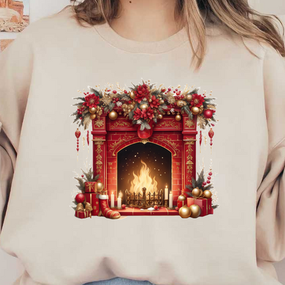 Una chimenea de ladrillo rojo bellamente decorada, adornada con flores festivas, adornos, velas y regalos, que irradia calidez y alegría navideña.