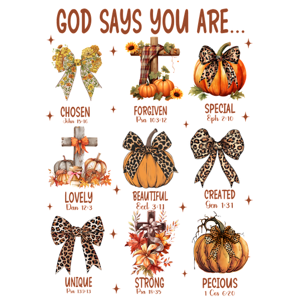 A vibrant autumn-themed print featuring uplifting messages with pumpkins, bows, and crosses, celebrating positivity and individuality. dtf prints