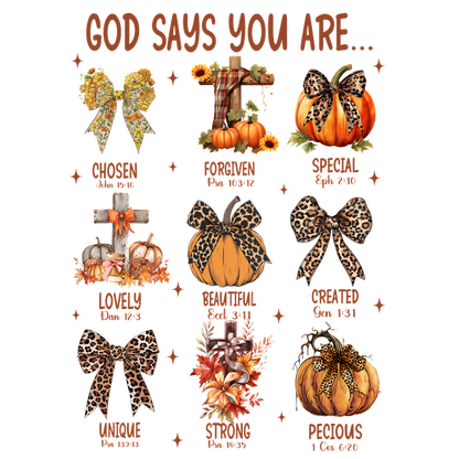 A vibrant autumn-themed print featuring uplifting messages with pumpkins, bows, and crosses, celebrating positivity and individuality. dtf prints