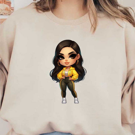 A stylish, cartoonish character wearing a yellow zip-up hoodie, black leggings, and white sneakers, exuding confidence and flair. heat press transfers