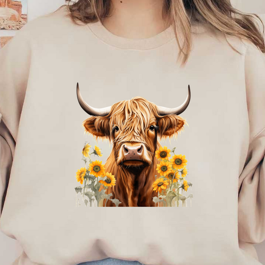 Una encantadora vaca de las Highlands rodeada de vibrantes girasoles, que exhibe su distintivo pelo largo y sus majestuosos cuernos.