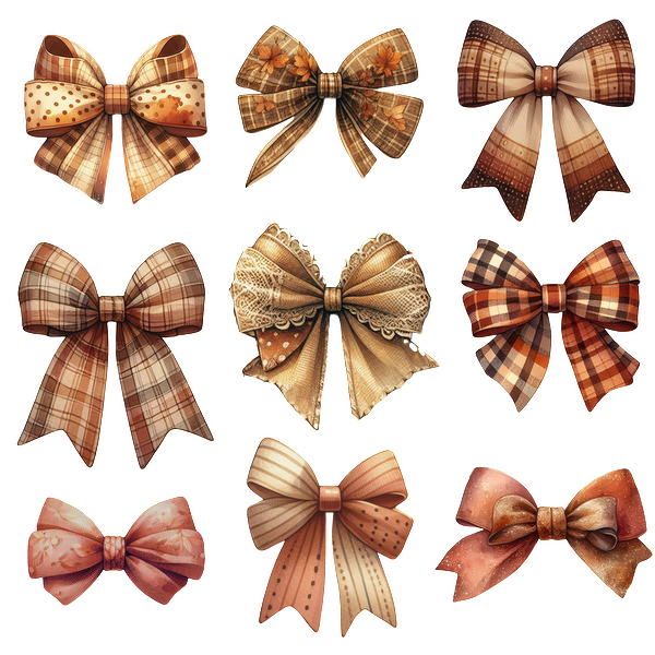 A collection of nine decorative bows featuring various patterns and textures, showcasing warm, earthy tones and intricate designs. heat press transfers