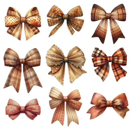 A collection of nine decorative bows featuring various patterns and textures, showcasing warm, earthy tones and intricate designs. heat press transfers