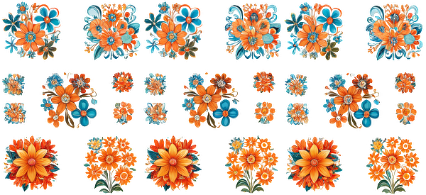 A vibrant collection of floral designs featuring orange and blue flowers, perfect for decorative purposes or graphic projects.UV Transfers heat press transfers