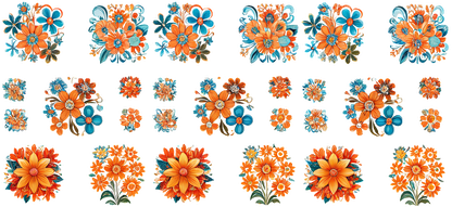 A vibrant collection of floral designs featuring orange and blue flowers, perfect for decorative purposes or graphic projects.UV Transfers heat press transfers