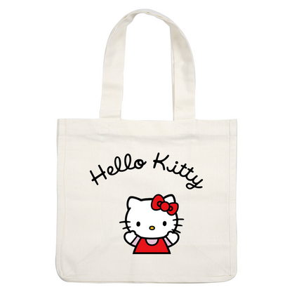 Meet Hello Kitty, the adorable white cat character wearing a red dress and bow, waving cheerfully!DTF Transfers