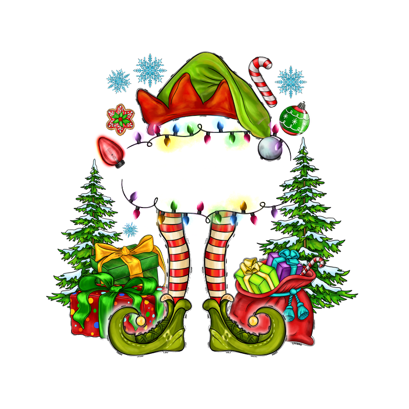 A whimsical Christmas elf design featuring colorful lights, striped legs, and surrounded by festive gifts and evergreen trees.DTF Transfersdtf regular iron