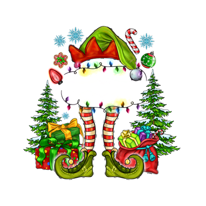 A whimsical Christmas elf design featuring colorful lights, striped legs, and surrounded by festive gifts and evergreen trees.DTF Transfersdtf regular iron