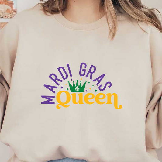 Celebrate Mardi Gras with this vibrant "Mardi Gras Queen" design featuring festive colors and a playful crown illustration!DTF Transfers