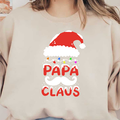 Festive "Papa Claus" design featuring a cheerful Santa hat, colorful lights, and a playful mustache—perfect for holiday celebrations!DTF Transfers dtf prints