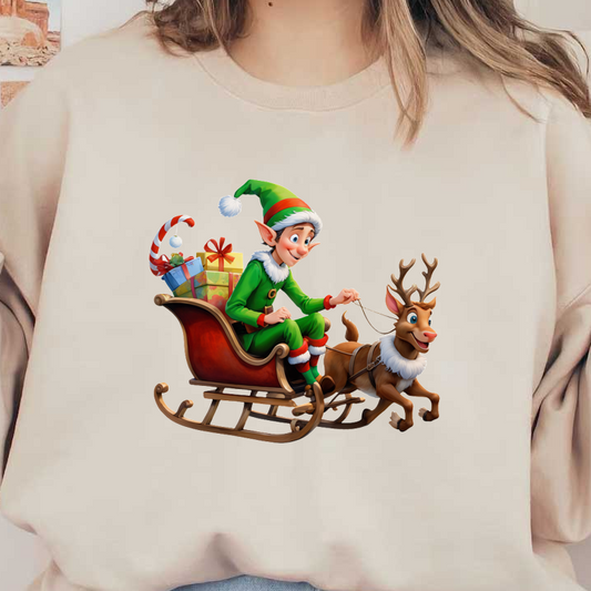 A cheerful elf in a green outfit rides a sleigh pulled by a smiling reindeer, surrounded by colorful gifts.DTF Transfers dtf transfers