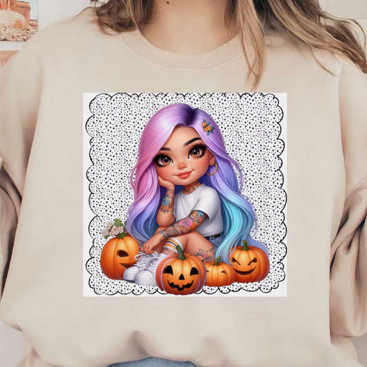 ¡Un personaje lindo y colorido con cabello vibrante de color rosa y azul, rodeado de divertidas calabazas, está listo para una divertida celebración de otoño!