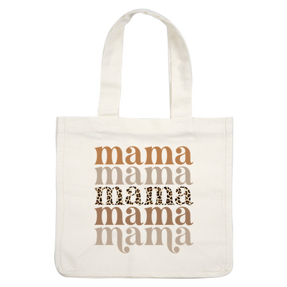 A stylish and playful graphic featuring the word "mama" in various fonts and colors, with a leopard print design included. heat press transfers