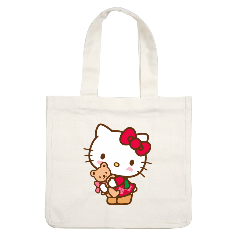 Cute Hello Kitty holds a teddy bear, adorned with a vibrant red bow and dressed in a charming plaid outfit.DTF Transfers