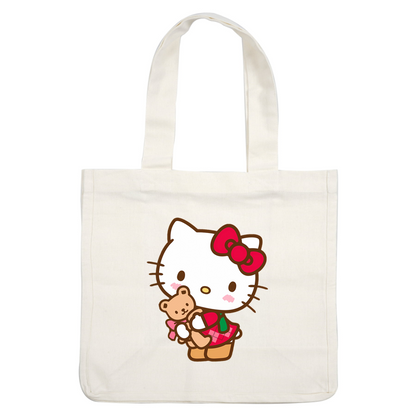 Cute Hello Kitty holds a teddy bear, adorned with a vibrant red bow and dressed in a charming plaid outfit.DTF Transfers