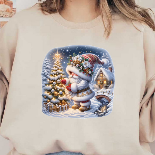 A whimsical Santa, adorned with festive greenery, decorates a snowy Christmas tree beside cozy cottages and twinkling lights.DTF Transfersdtf regular iron