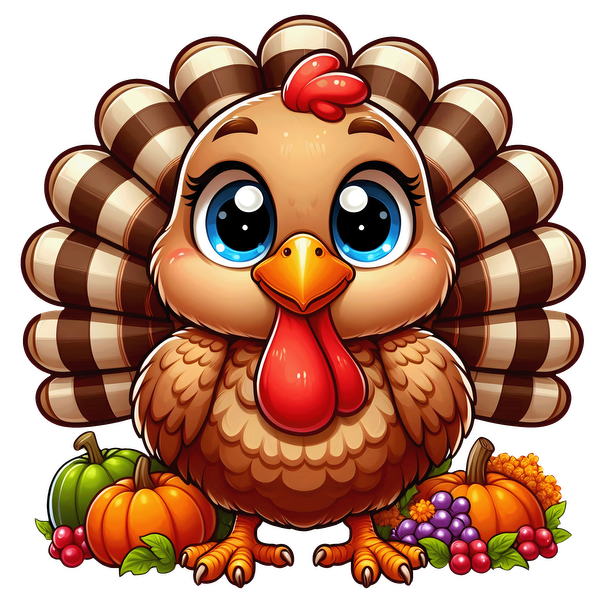 This adorable cartoon turkey, with big blue eyes and a vibrant feathered tail, is surrounded by colorful autumn harvest fruits and vegetables.