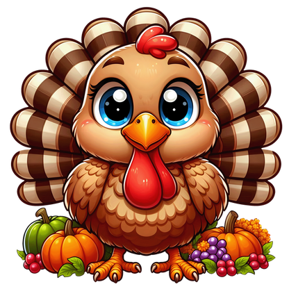 This adorable cartoon turkey, with big blue eyes and a vibrant feathered tail, is surrounded by colorful autumn harvest fruits and vegetables.