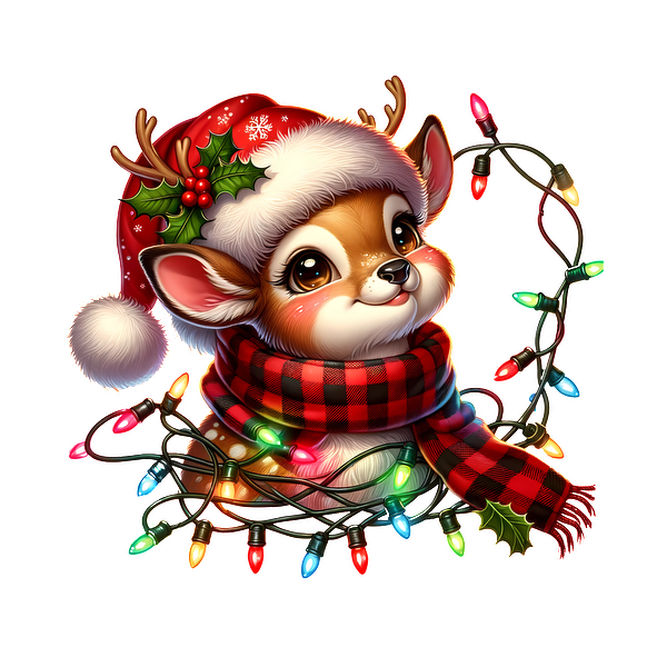 A festive, adorable deer wearing a Santa hat and a plaid scarf, surrounded by colorful Christmas lights and holly. heat press transfers