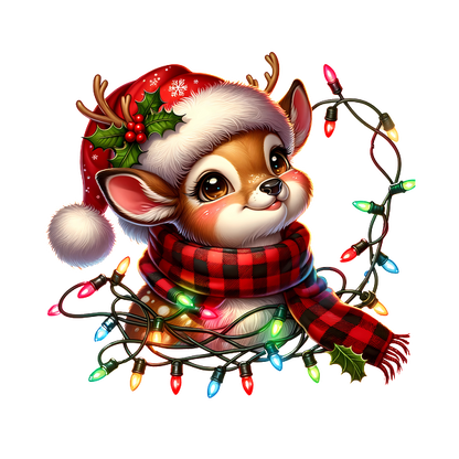 A festive, adorable deer wearing a Santa hat and a plaid scarf, surrounded by colorful Christmas lights and holly. heat press transfers