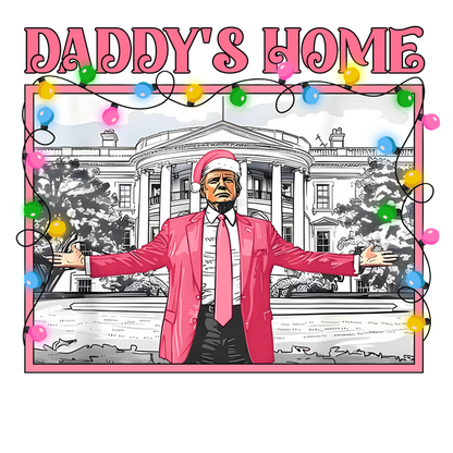 A festive illustration features a figure in a pink suit and Santa hat, joyfully welcoming everyone in front of a grand building.DTF Transfers dtf prints