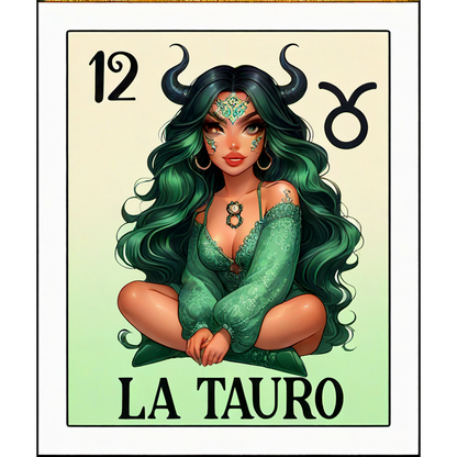 A mystical illustration of a woman in green attire with horns, representing the zodiac sign Taurus, titled "La Tauro."dtf regular iron