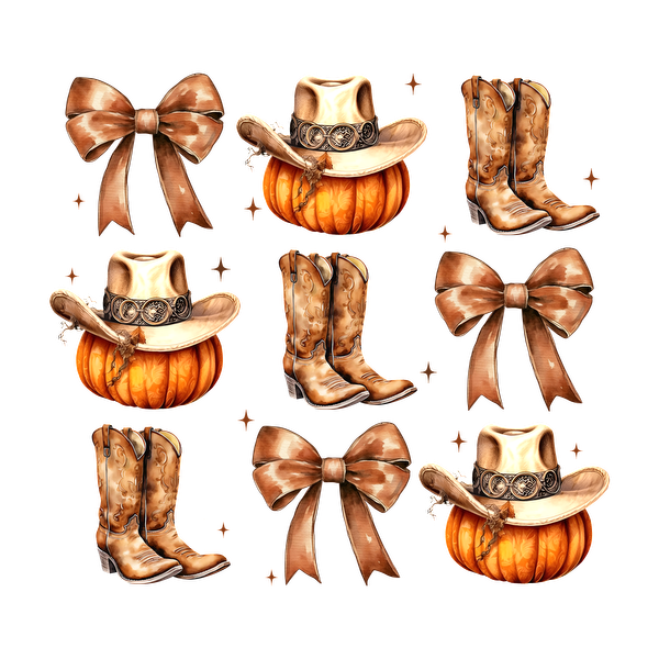 A whimsical collection of cowboy boots, hats, and pumpkins adorned with brown bows, perfect for a rustic fall theme. dtf prints