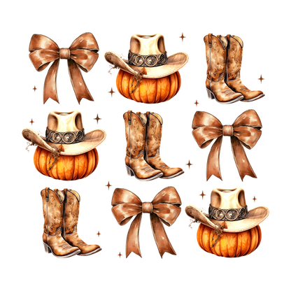 A whimsical collection of cowboy boots, hats, and pumpkins adorned with brown bows, perfect for a rustic fall theme. dtf prints