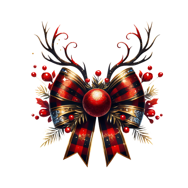 A festive Christmas decoration featuring a large red and black plaid bow, adorned with berries, foliage, and antler accents. dtf prints