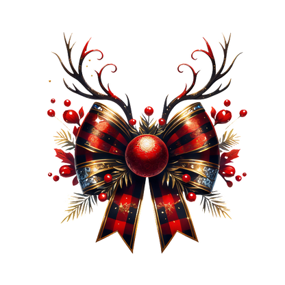 A festive Christmas decoration featuring a large red and black plaid bow, adorned with berries, foliage, and antler accents. dtf prints