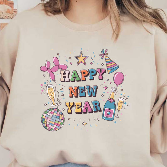 Celebrate the occasion with this festive "Happy New Year" design featuring colorful balloons, a disco ball, and sparkling drinks!DTF Transfers