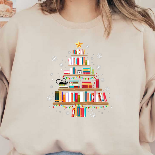 A festive Christmas tree made of colorful books, adorned with lights and a star, bringing a whimsical holiday spirit.DTF Transfers