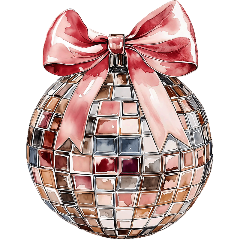 A playful illustration of a sparkling disco ball adorned with a lovely pink ribbon, perfect for adding festive flair to any setting.DTF Transfers heat press transfers dtf prints