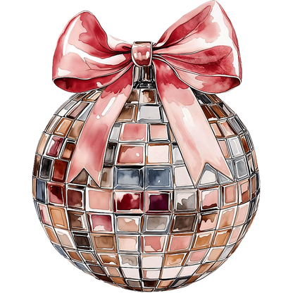 A playful illustration of a sparkling disco ball adorned with a lovely pink ribbon, perfect for adding festive flair to any setting.DTF Transfers heat press transfers dtf prints