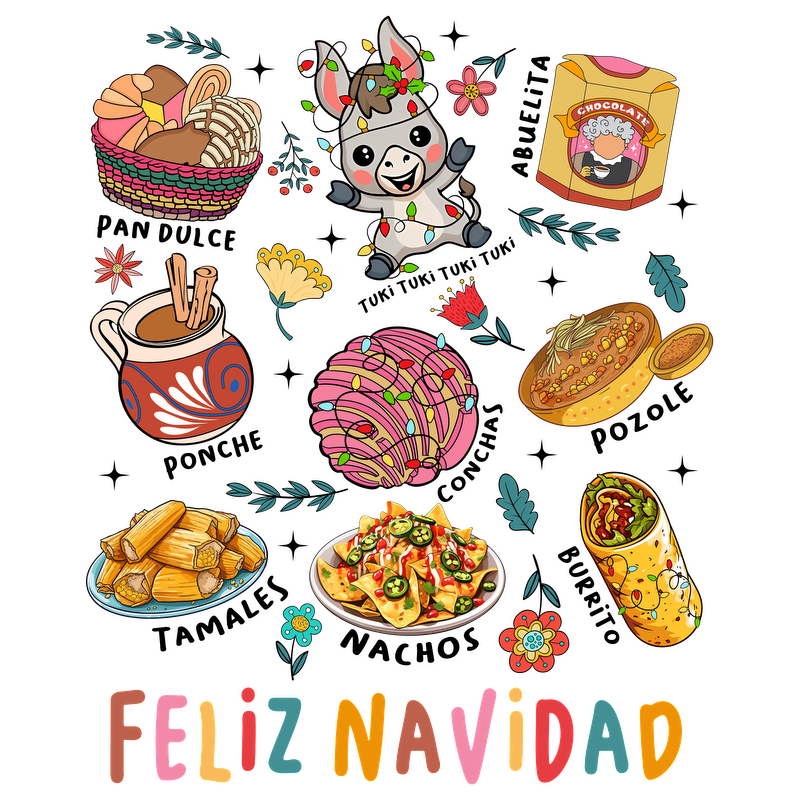 Celebrate the festive spirit with this vibrant illustration of traditional holiday treats, colorful decorations, and a cheerful character, all wishing "Feliz Navidad!"DTF Transfersdtf regular iron