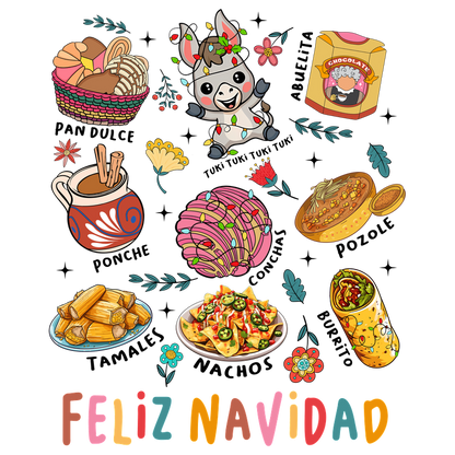 Celebrate the festive spirit with this vibrant illustration of traditional holiday treats, colorful decorations, and a cheerful character, all wishing "Feliz Navidad!"DTF Transfersdtf regular iron