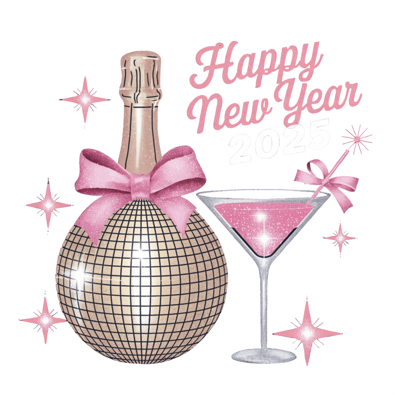 Celebrate New Year 2025 in style with a glamorous champagne bottle and sparkling martini, all adorned with pink accents!DTF Transfers