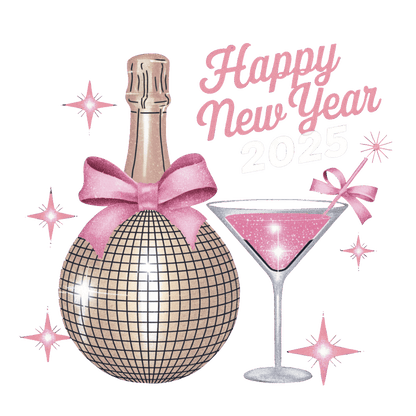 Celebrate New Year 2025 in style with a glamorous champagne bottle and sparkling martini, all adorned with pink accents!DTF Transfers