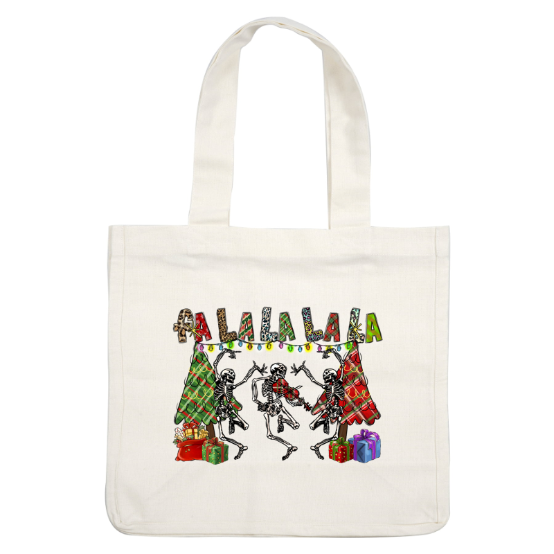 A whimsical holiday scene featuring dancing skeletons, festive Christmas trees, colorful lights, and wrapped gifts, celebrating cheerfully.DTF Transfers heat press transfersdtf regular iron