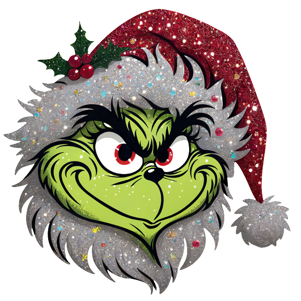 Cheerfully whimsical illustration of the Grinch wearing a festive red and silver Santa hat, adorned with holly and sparkling details.DTF Transfers dtf prints