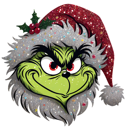 Cheerfully whimsical illustration of the Grinch wearing a festive red and silver Santa hat, adorned with holly and sparkling details.DTF Transfers dtf prints