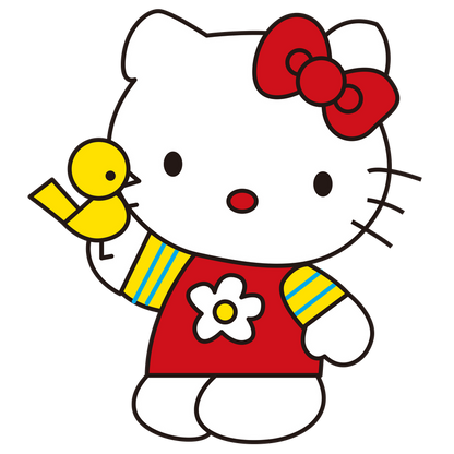 Meet Hello Kitty, the adorable character in a red dress with a flower, holding a cute yellow bird!DTF Transfers