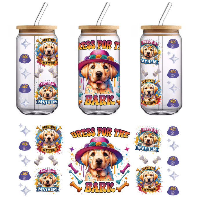 A colorful party-themed design featuring a cheerful dog wearing a vibrant hat, surrounded by playful graphics and text.UV Transfers heat press transfers