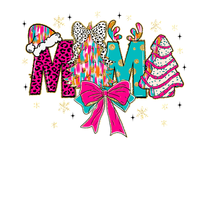 A vibrant and festive "MOM" design featuring colorful letters, Christmas trees, a bold bow, and playful patterns, perfect for holiday cheer.DTF Transfers dtf transfers