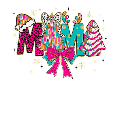 A vibrant and festive "MOM" design featuring colorful letters, Christmas trees, a bold bow, and playful patterns, perfect for holiday cheer.DTF Transfers dtf transfers